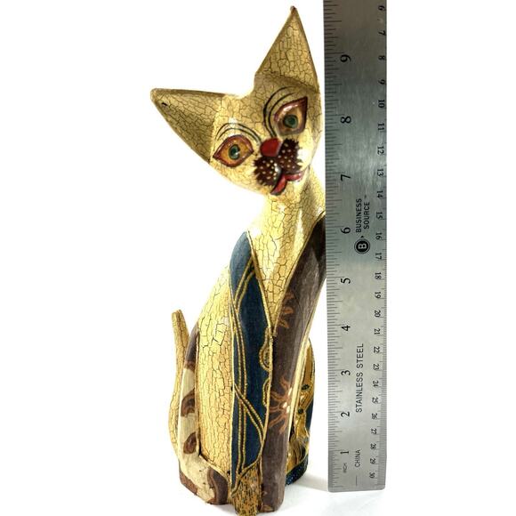 Set of 3 Hand Carved Wood Cat Sculptures Crackle Painted Folk Art - Picture 4 of 8